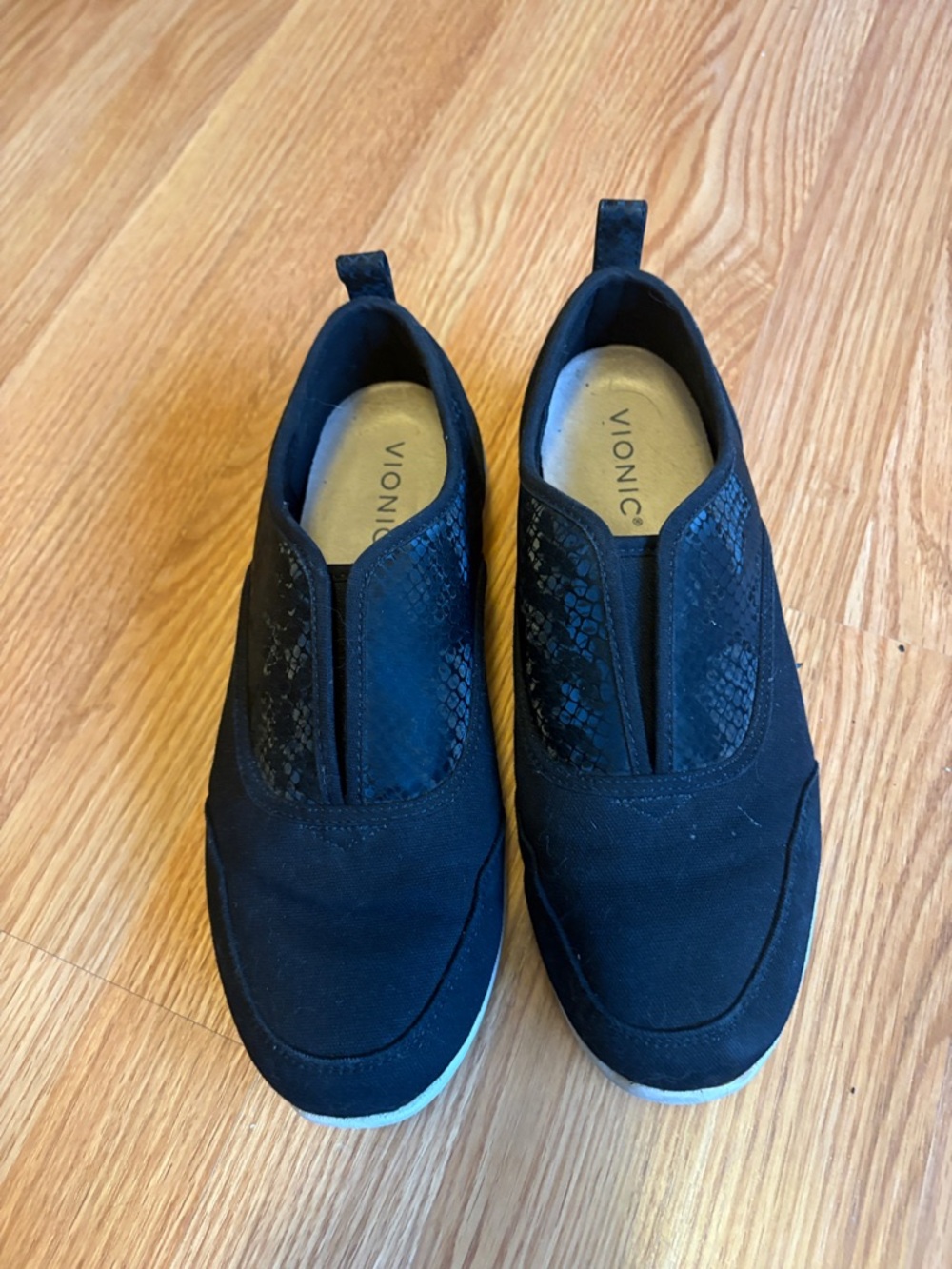 Vionic Black Slip-On Sneakers with Snake-Texture Accents